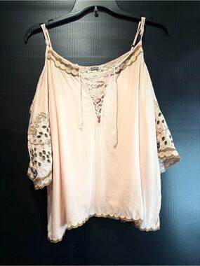 gimmicks by BKE Blush Pink Cold-Shoulder Lace-Up Tunic